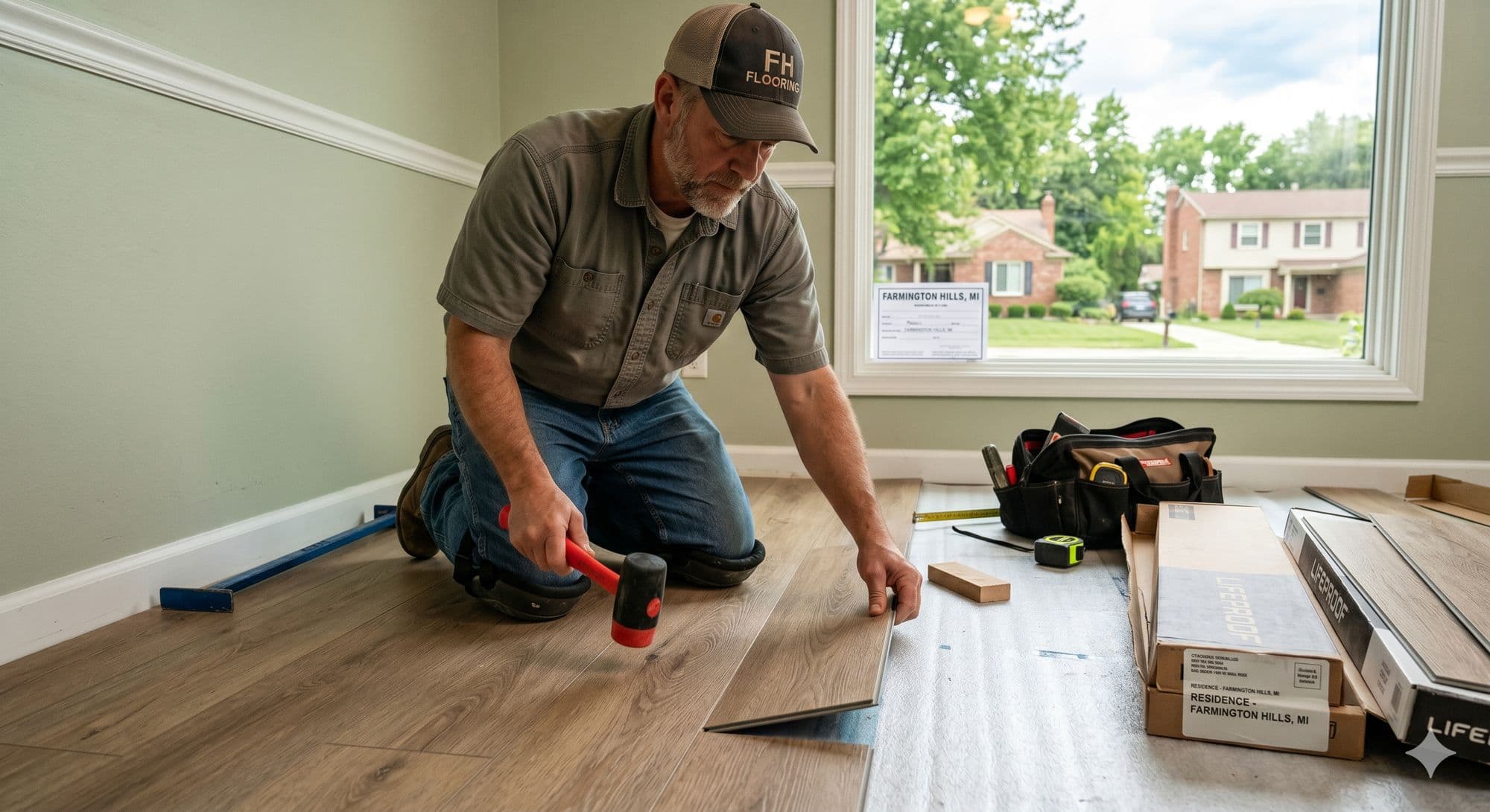 Installer laying plank flooring